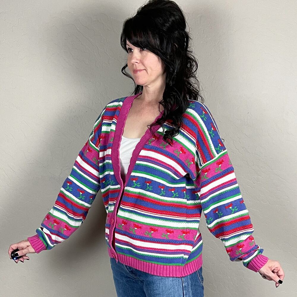 Vintage 1980s Multicolor Floral and Stripe Cotton Cardigan - Picture 3 of 8